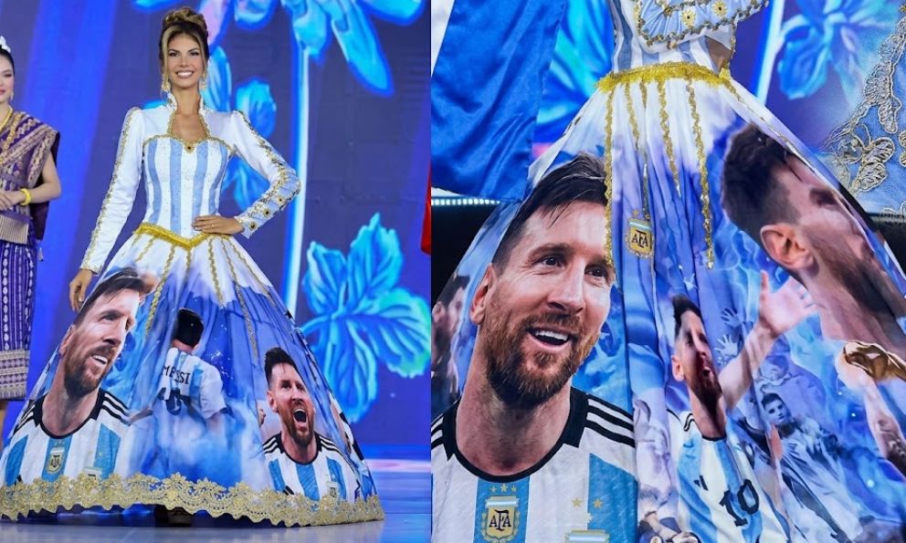 Alina Luz Axelrad con un vestido inspirado en Lionel Messi durante Miss Mundo