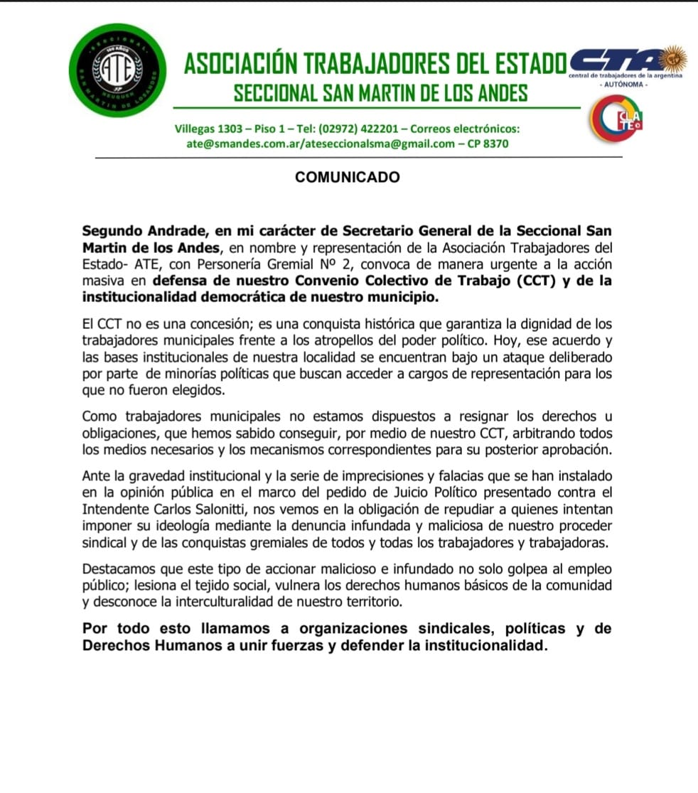 Comunicado de ATE Seccional San Martín de los Andes