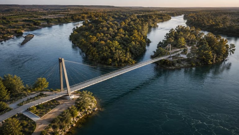 Vista aérea del proyecto del puente colgante que conectará la Península Hiroki con la Isla de las Aves, en la ciudad de Neuquén.